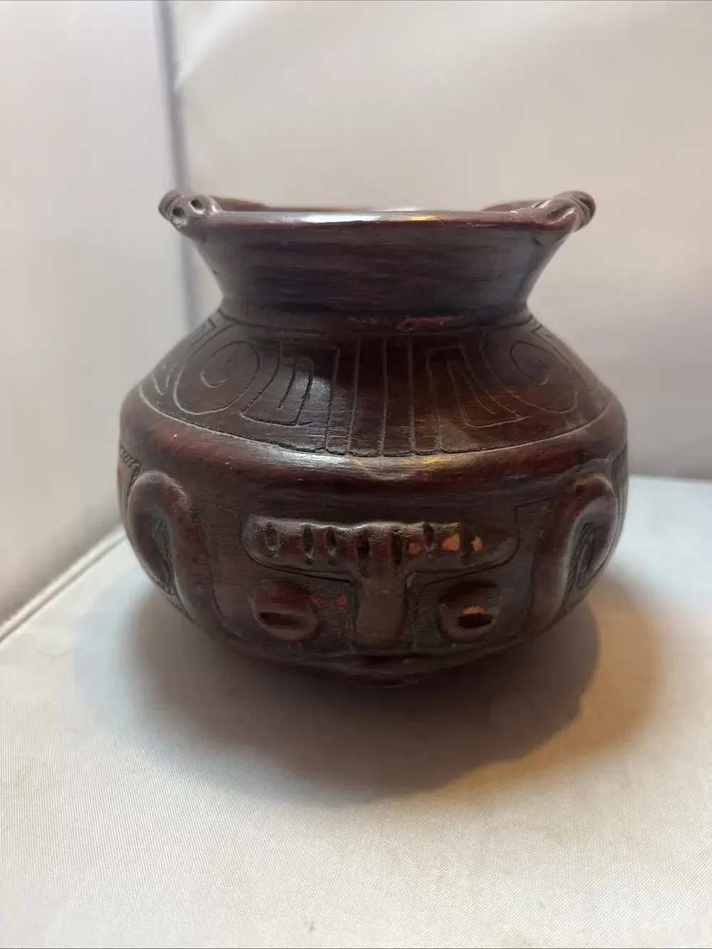 VTG Marajoara Terra Cotta Vessel Pot Brazil Red Clay Face Pottery 4.25